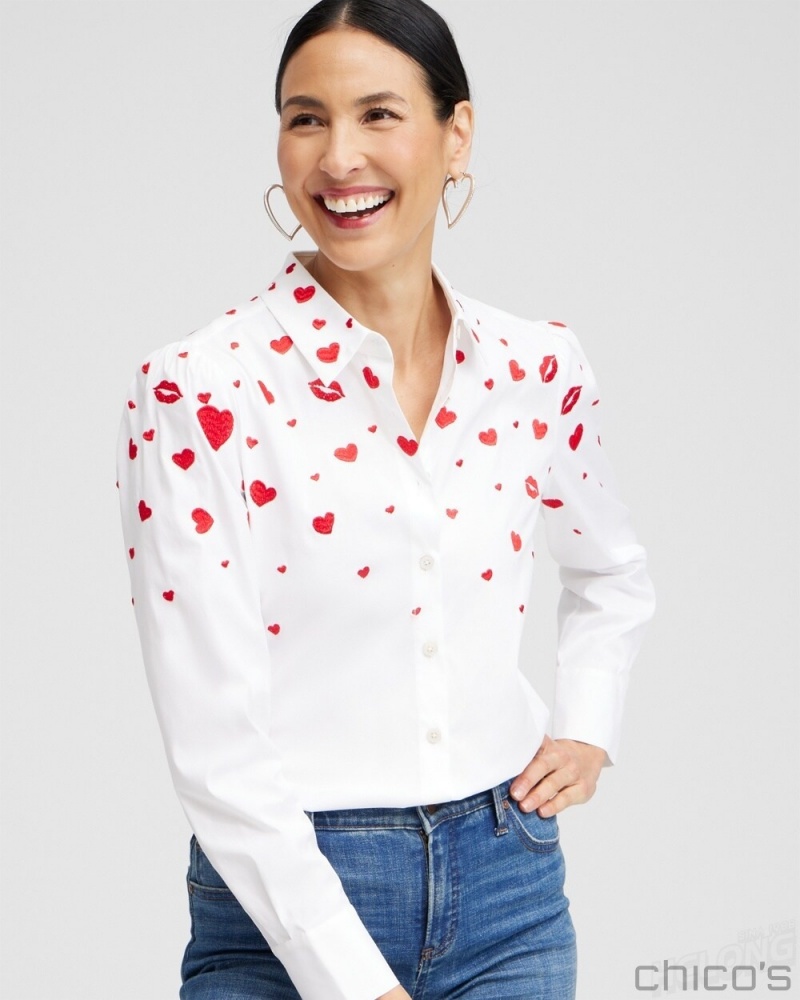 Chico's Embroidered Hearts Shirt Blouses & Shirts Alabaster | 083-SUDBKY