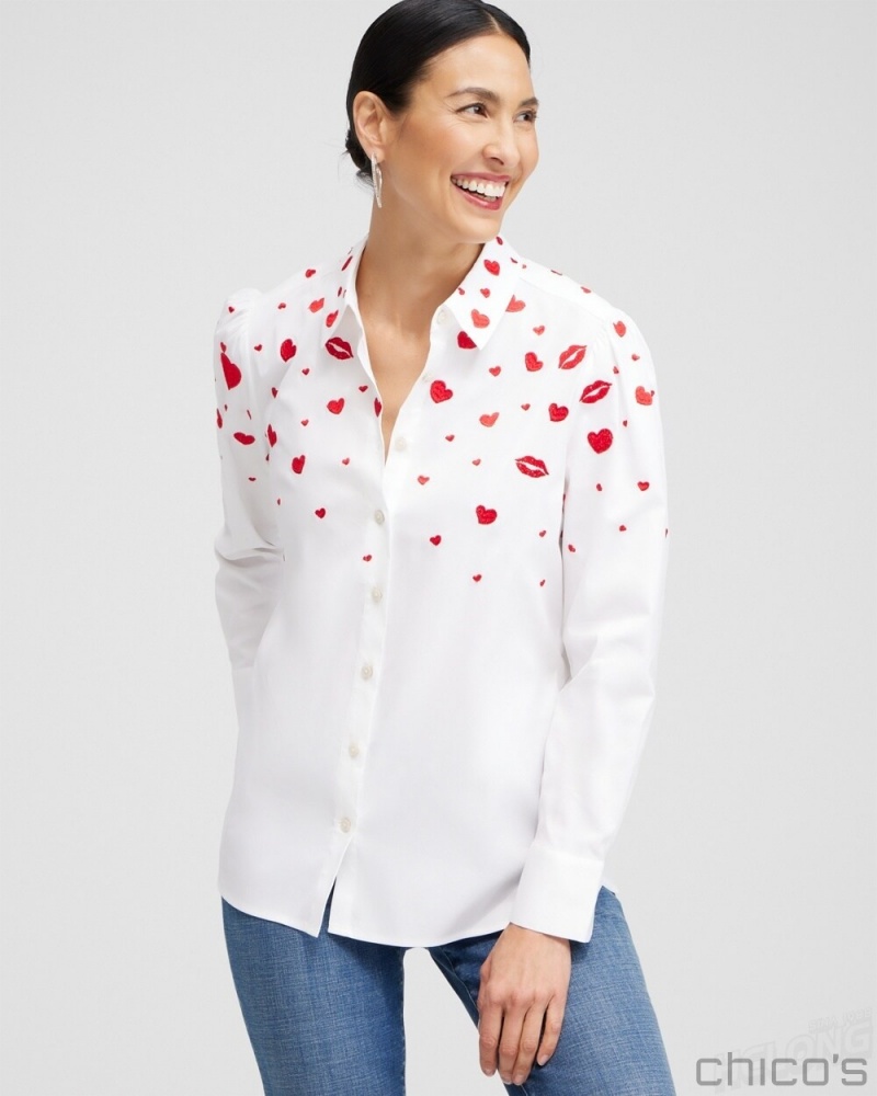 Chico's Embroidered Hearts Shirt Blouses & Shirts Alabaster | 083-SUDBKY