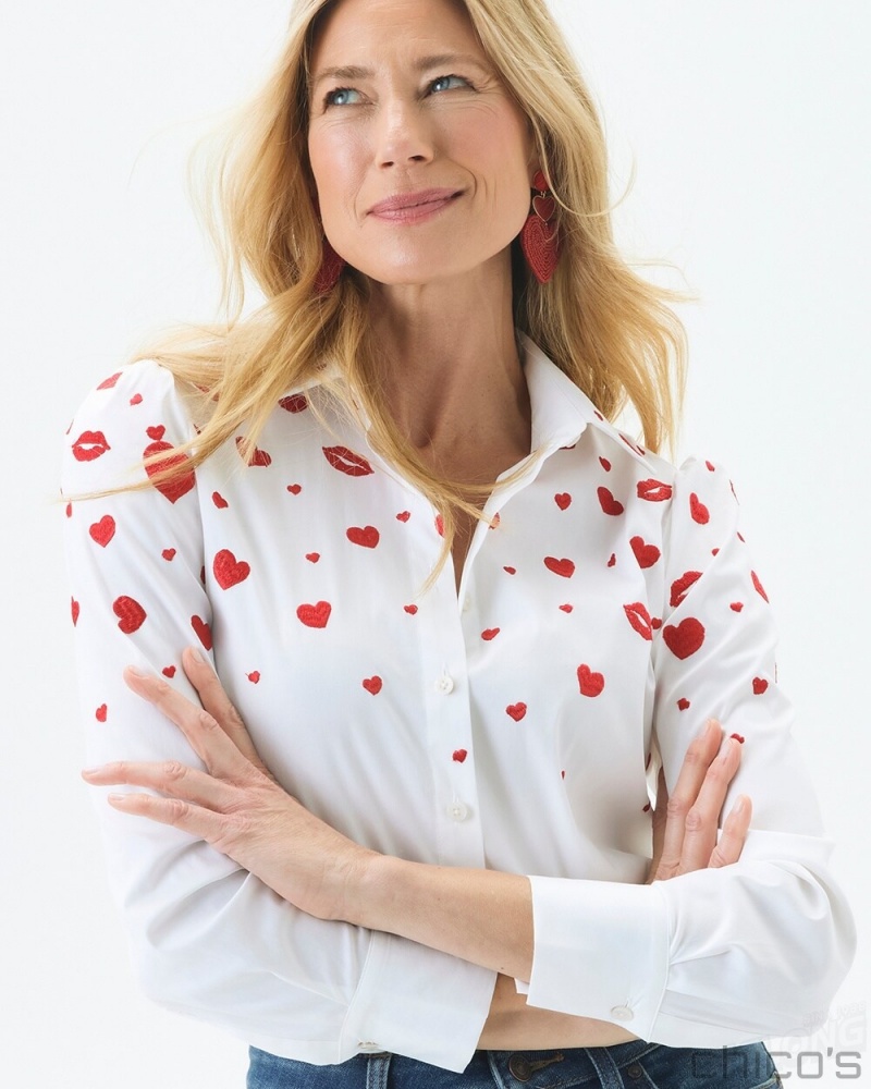 Chico\'s Embroidered Hearts Shirt Blouses & Shirts Alabaster | 083-SUDBKY