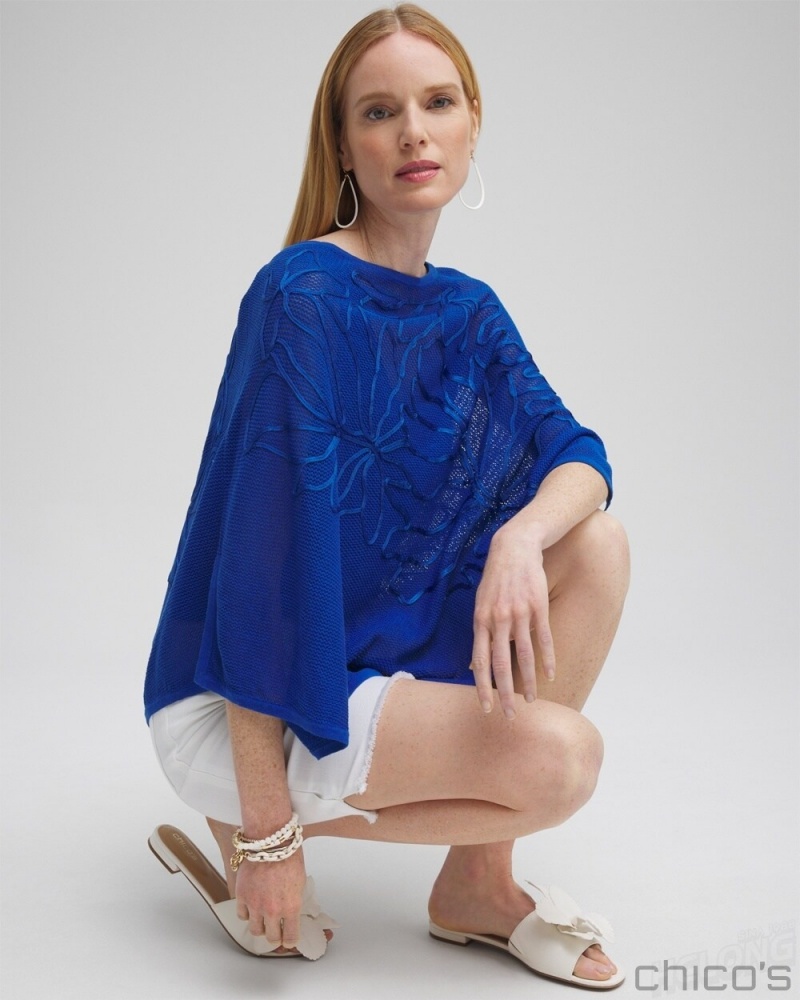 Chico's Embroidered Knit Triangle Poncho Ponchos & Ruanas Teakwood | 539-NOWSBQ