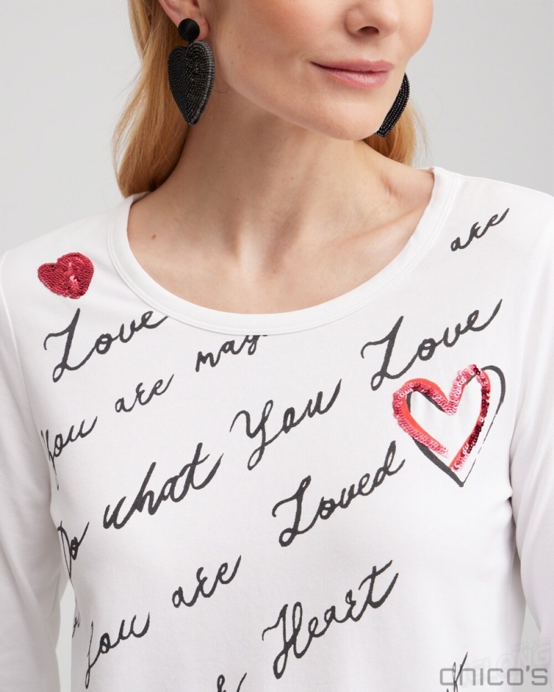 Chico's Embroidered Love Note Tee Tees & Tanks Alabaster | 957-FVCUND