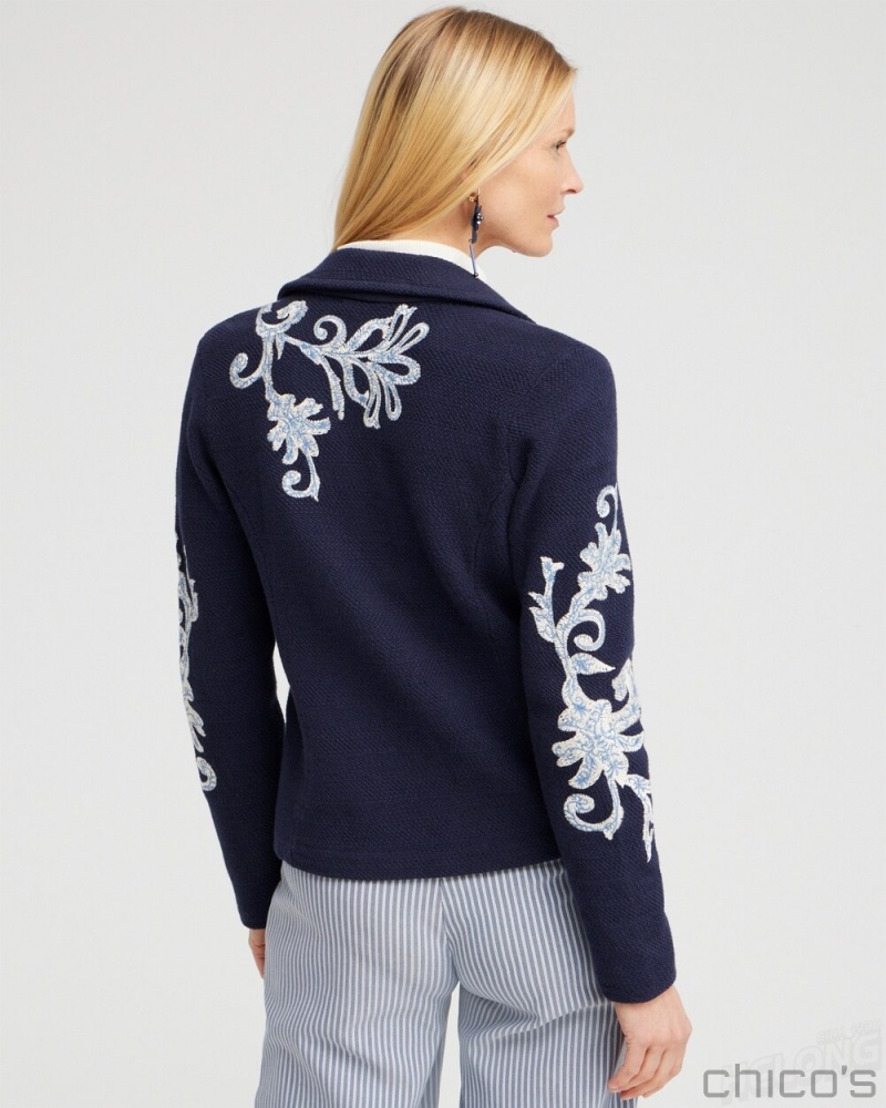 Chico's Embroidered Moto Jacket Sweaters Classic Navy | 748-OTPFCW