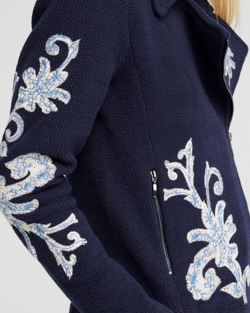 Chico's Embroidered Moto Jacket Sweaters Classic Navy | 748-OTPFCW