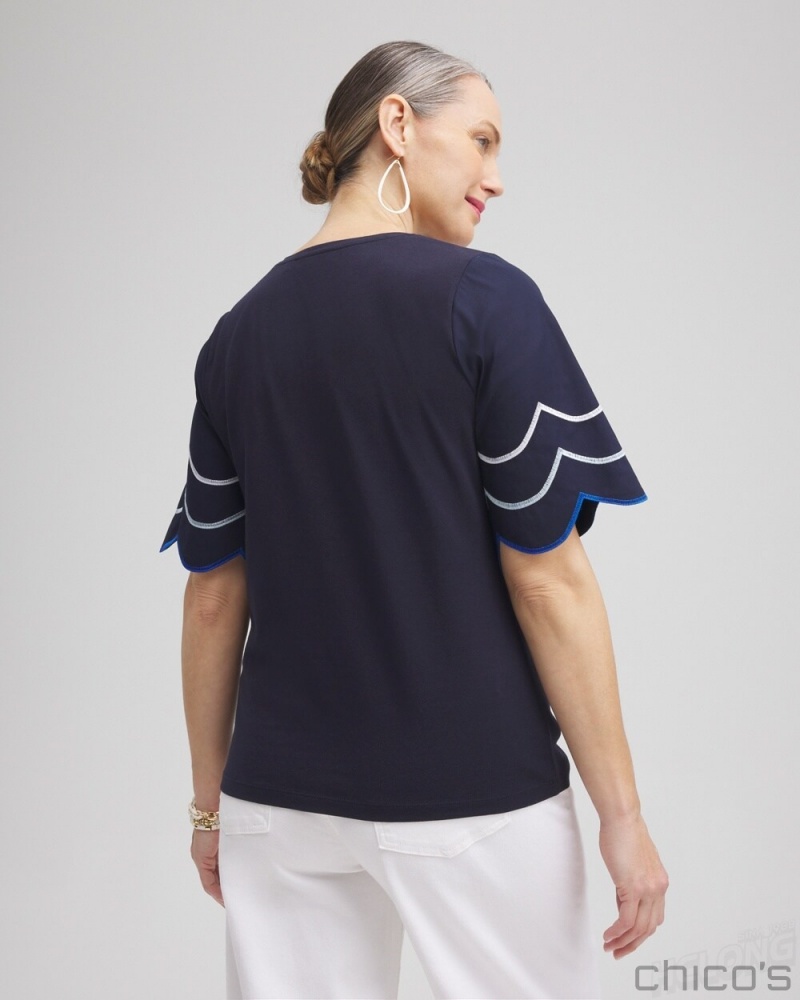 Chico's Embroidered Scallop Sleeve Top Tees & Tanks Classic Navy | 875-OYTWAH