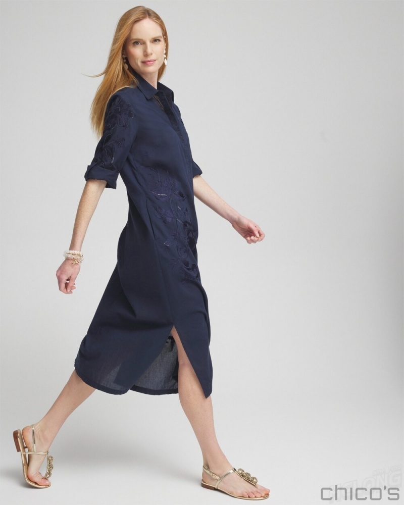 Chico's Embroidered Shirt Dress Dresses Classic Navy | 637-ZRQOEV