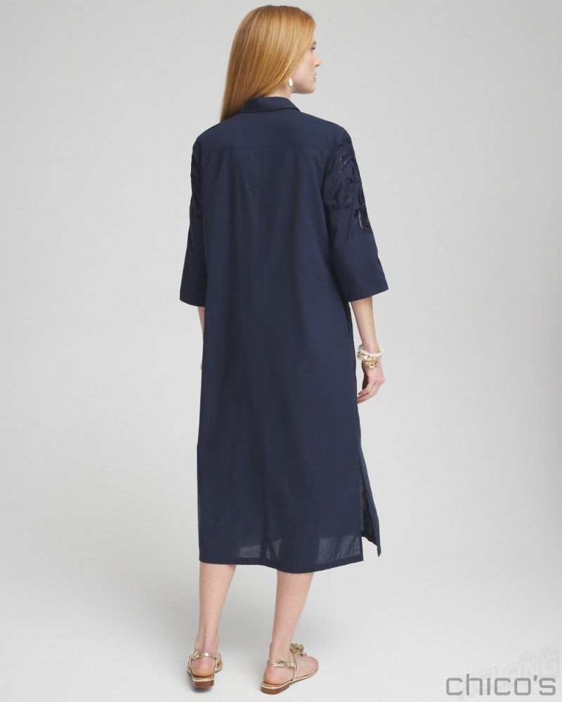 Chico's Embroidered Shirt Dress Dresses Classic Navy | 637-ZRQOEV