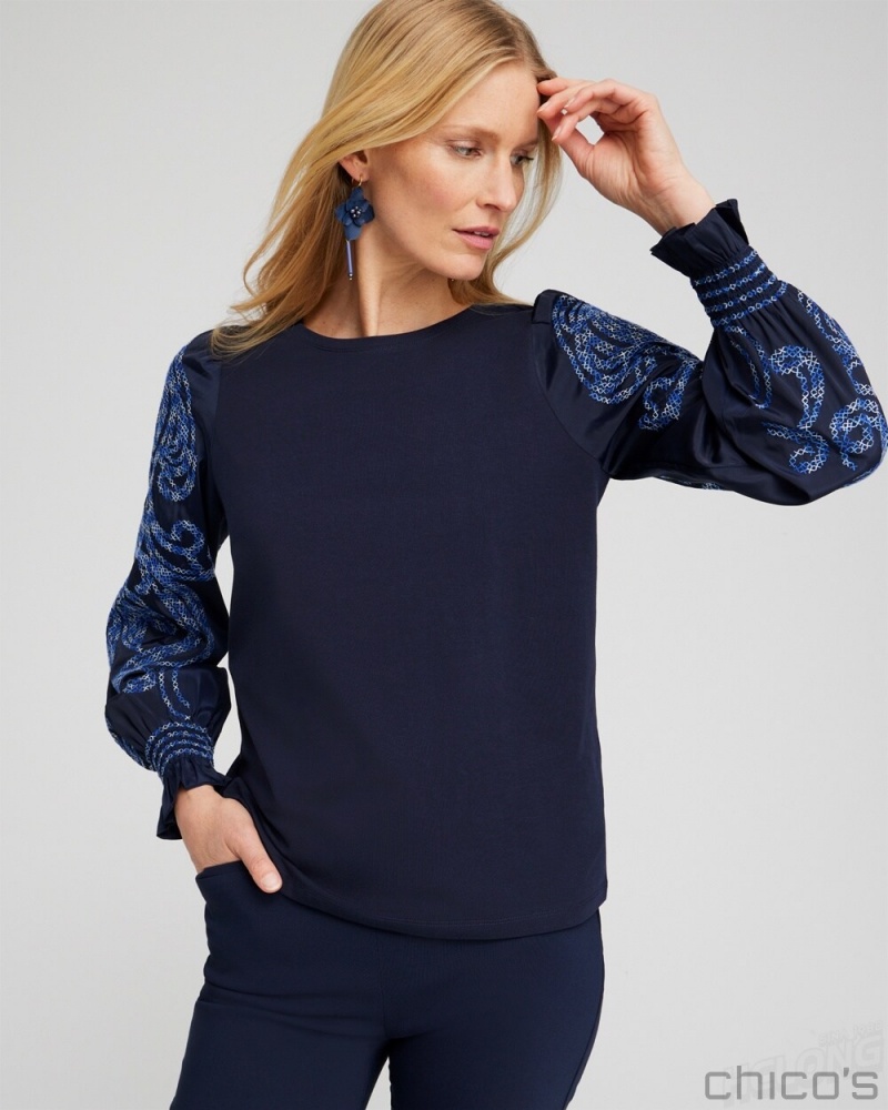 Chico's Embroidered Sleeve Top Tees & Tanks Classic Navy | 640-XMSUOL