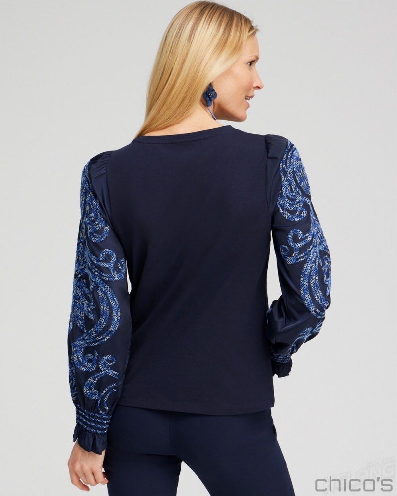 Chico's Embroidered Sleeve Top Tees & Tanks Classic Navy | 640-XMSUOL