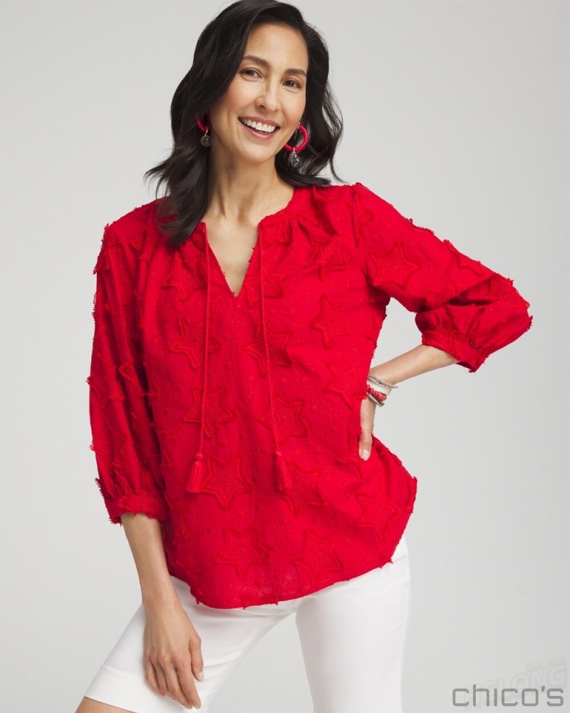 Chico's Embroidered Stars Peasant Top Blouses & Shirts Alabaster | 701-KHACUR