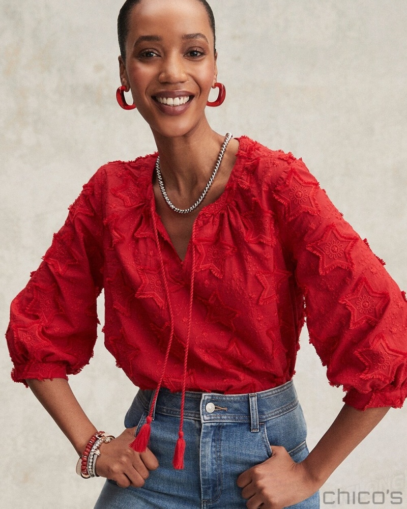 Chico\'s Embroidered Stars Peasant Top Blouses & Shirts MADEIRA RED | 974-VMUKNZ