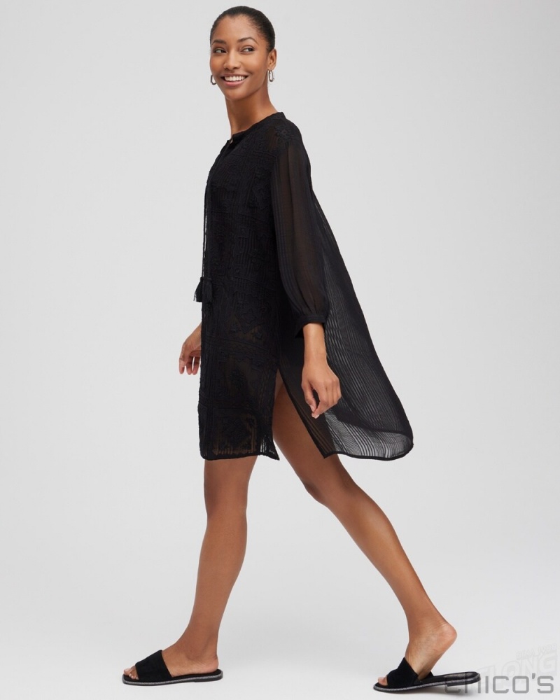 Chico's Embroidered Swim Dress Coverup Swim Black | 329-GBVFTP