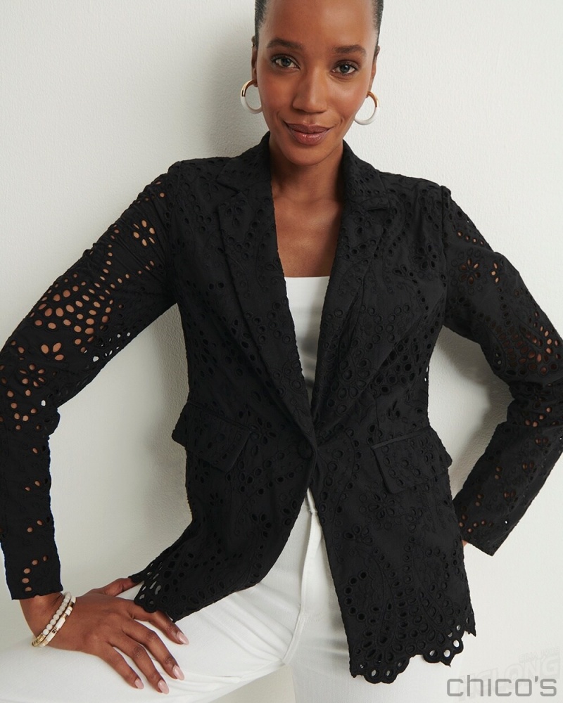 Chico\'s Eyelet Blazer Jackets & Coats Black | 675-KDECHX