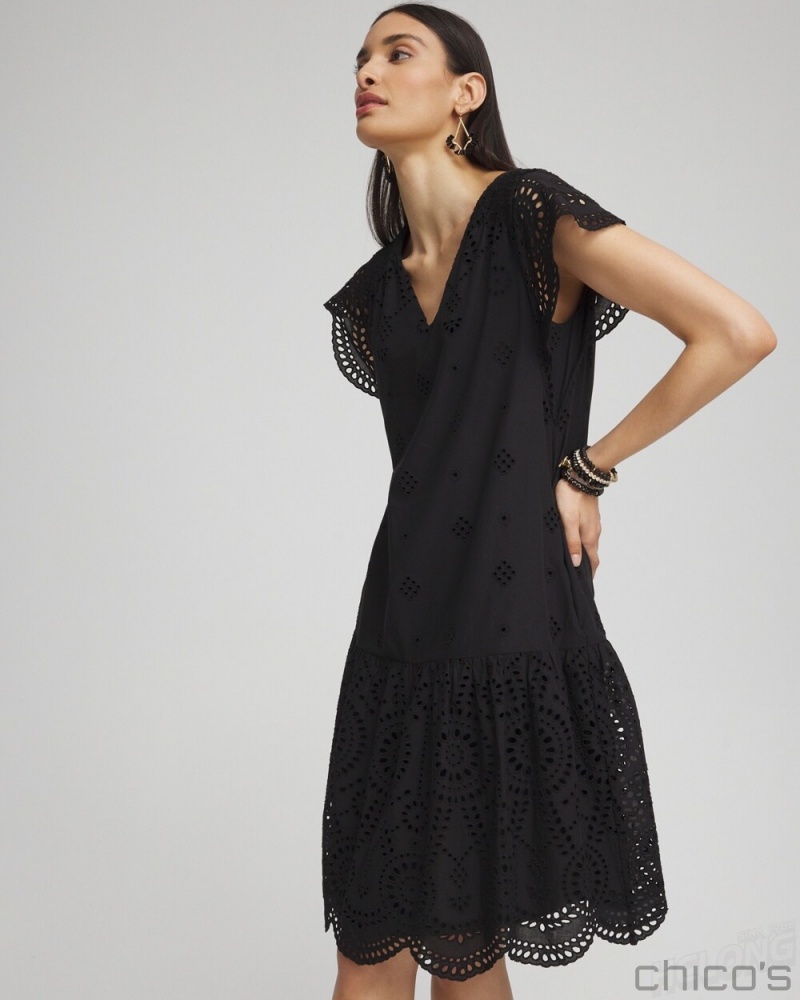 Chico's Eyelet Scallop Hem Dress Dresses Black | 374-QCAZSI