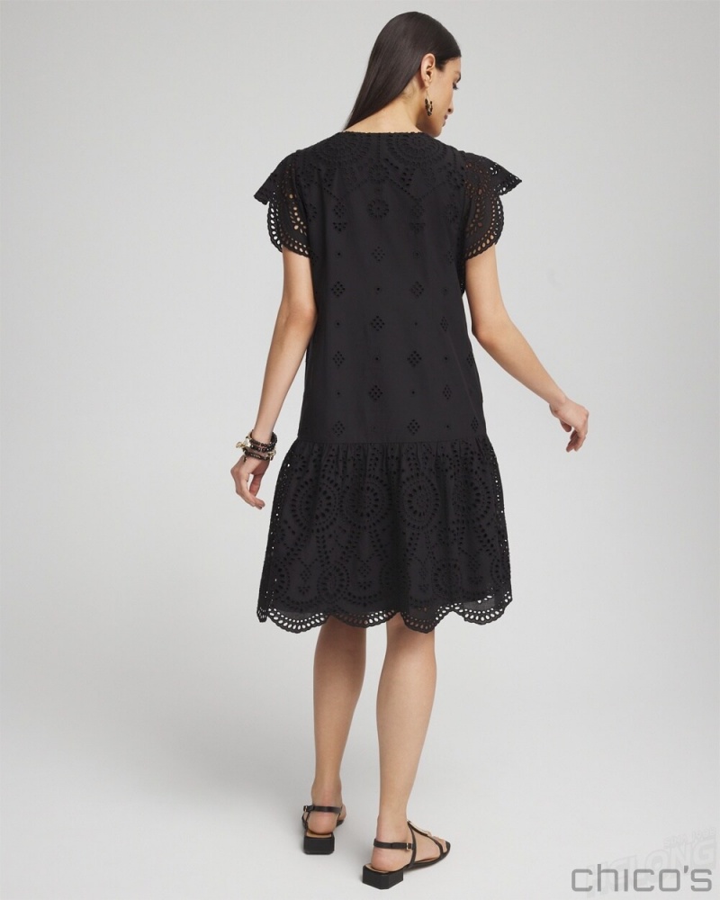 Chico's Eyelet Scallop Hem Dress Dresses Black | 374-QCAZSI