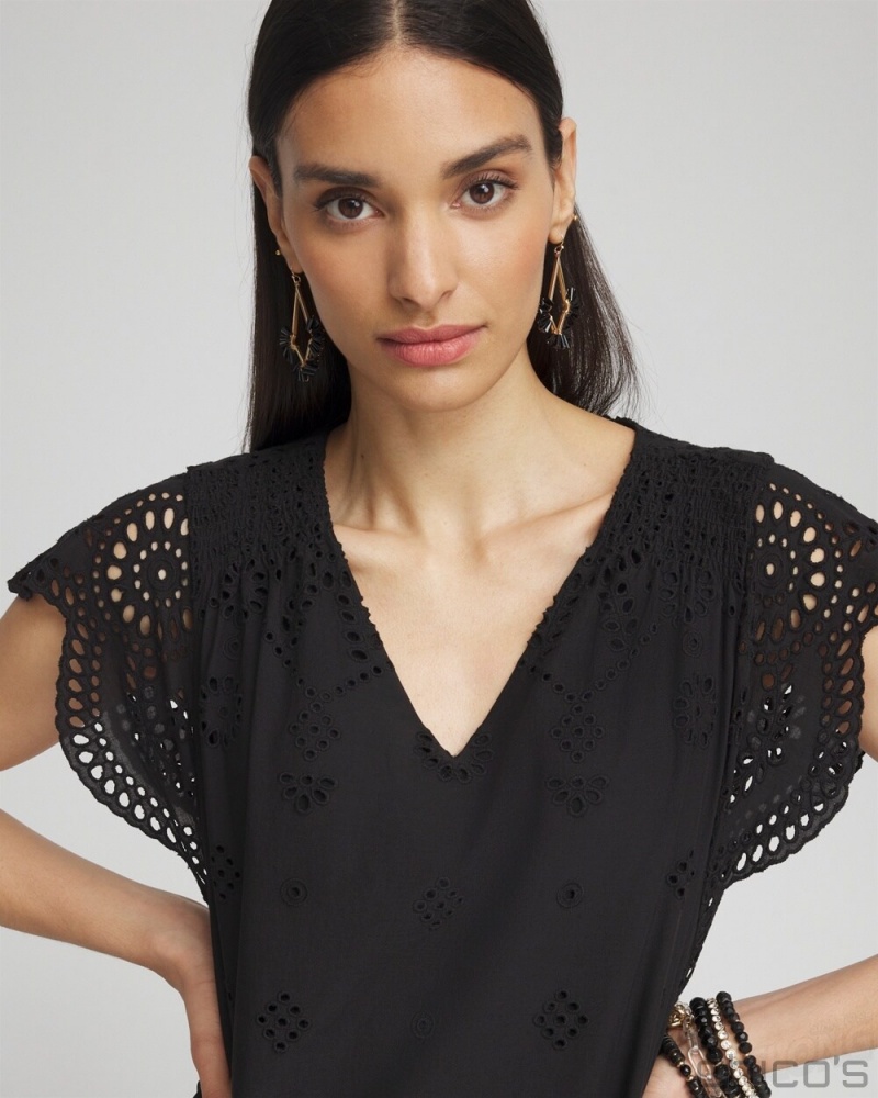 Chico's Eyelet Scallop Hem Dress Dresses Black | 374-QCAZSI