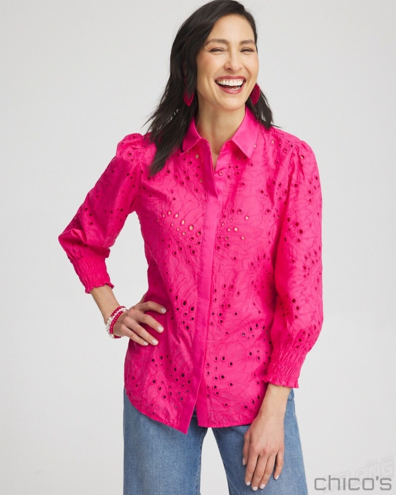 Chico's Eyelet Shirt Blouses & Shirts PINK BROMELIAD | 251-DOYIPF