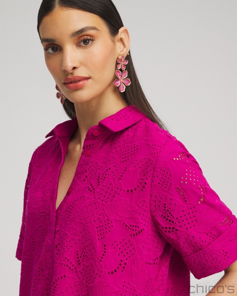 Chico's Eyelet Shirt Dress Dresses Magenta Rose | 761-ONWSUA