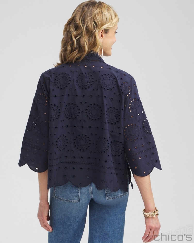 Chico's Eyelet Short Kimono Ponchos & Ruanas Classic Navy | 517-LRPOBF