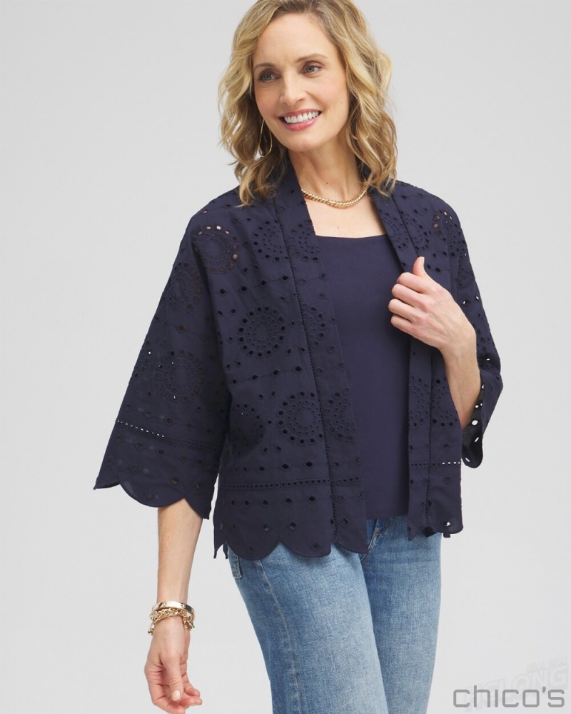 Chico\'s Eyelet Short Kimono Ponchos & Ruanas Classic Navy | 517-LRPOBF