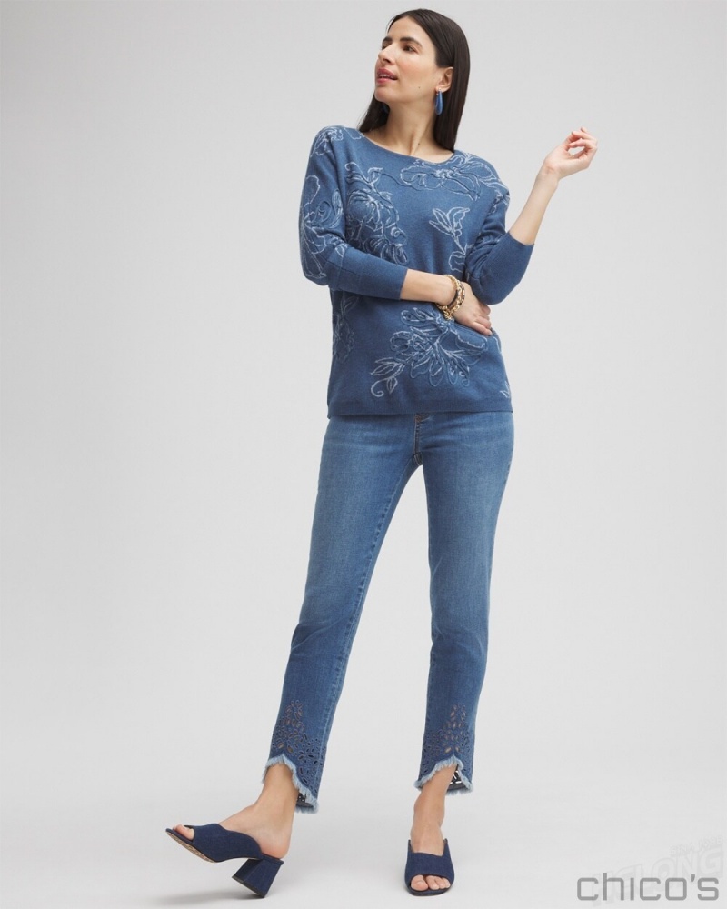 Chico's Eyelet Tulip Hem Pull-on Ankle Jeggings Jeans & Denim Aquaria Indigo | 017-RWQCUX