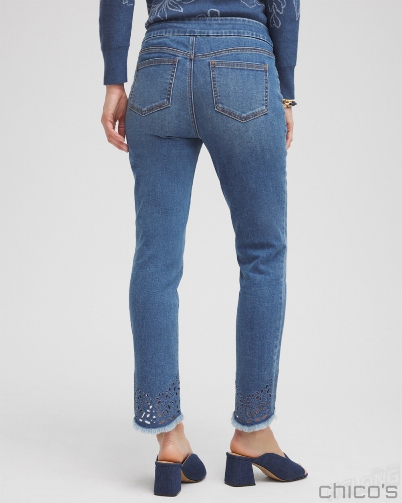 Chico's Eyelet Tulip Hem Pull-on Ankle Jeggings Jeans & Denim Aquaria Indigo | 017-RWQCUX