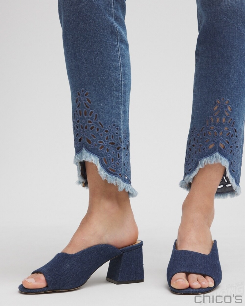 Chico's Eyelet Tulip Hem Pull-on Ankle Jeggings Jeans & Denim Aquaria Indigo | 017-RWQCUX