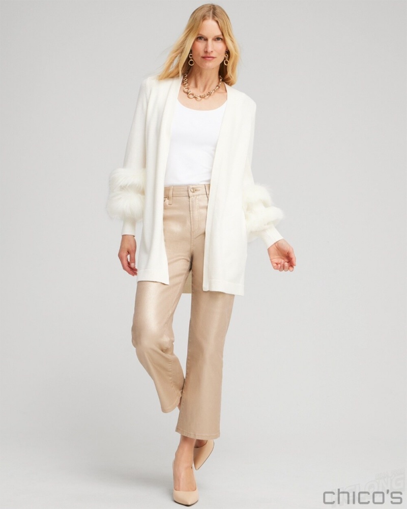 Chico's Faux Fur Trim Cardigan Tops Ecru | 349-XNRTOV