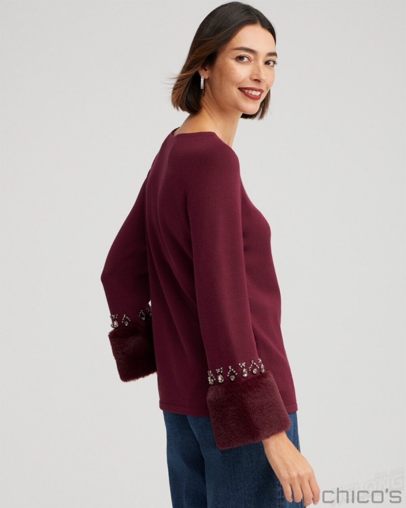 Chico's Faux Fur Trim Embellished Sweater Sweaters Deep Merlot | 493-BNYZVT