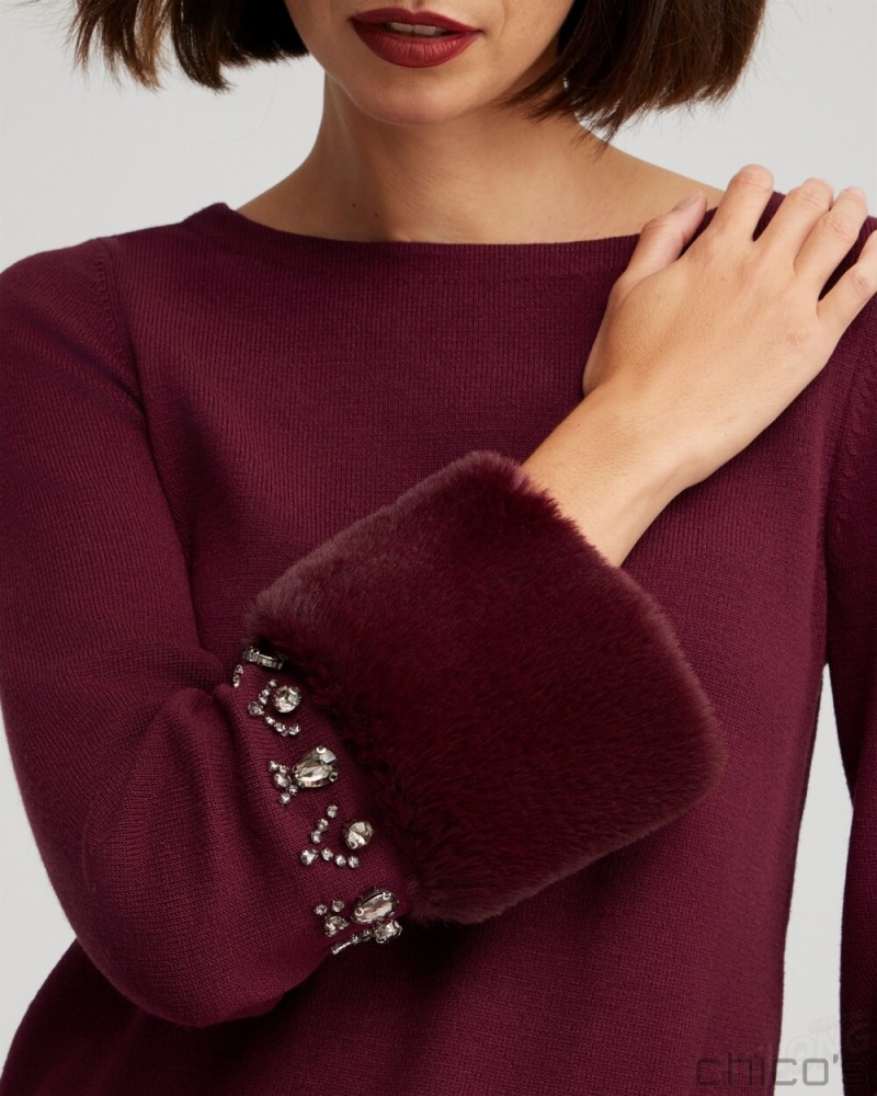 Chico's Faux Fur Trim Embellished Sweater Sweaters Deep Merlot | 493-BNYZVT