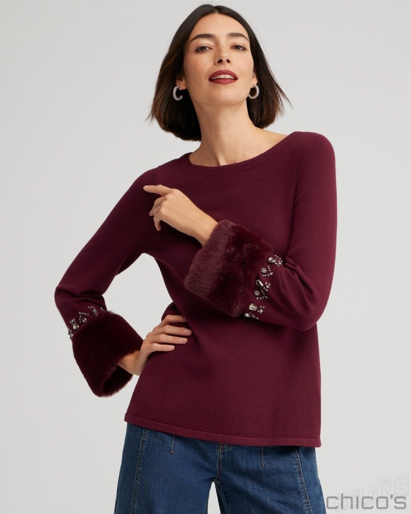 Chico\'s Faux Fur Trim Embellished Sweater Sweaters Deep Merlot | 493-BNYZVT