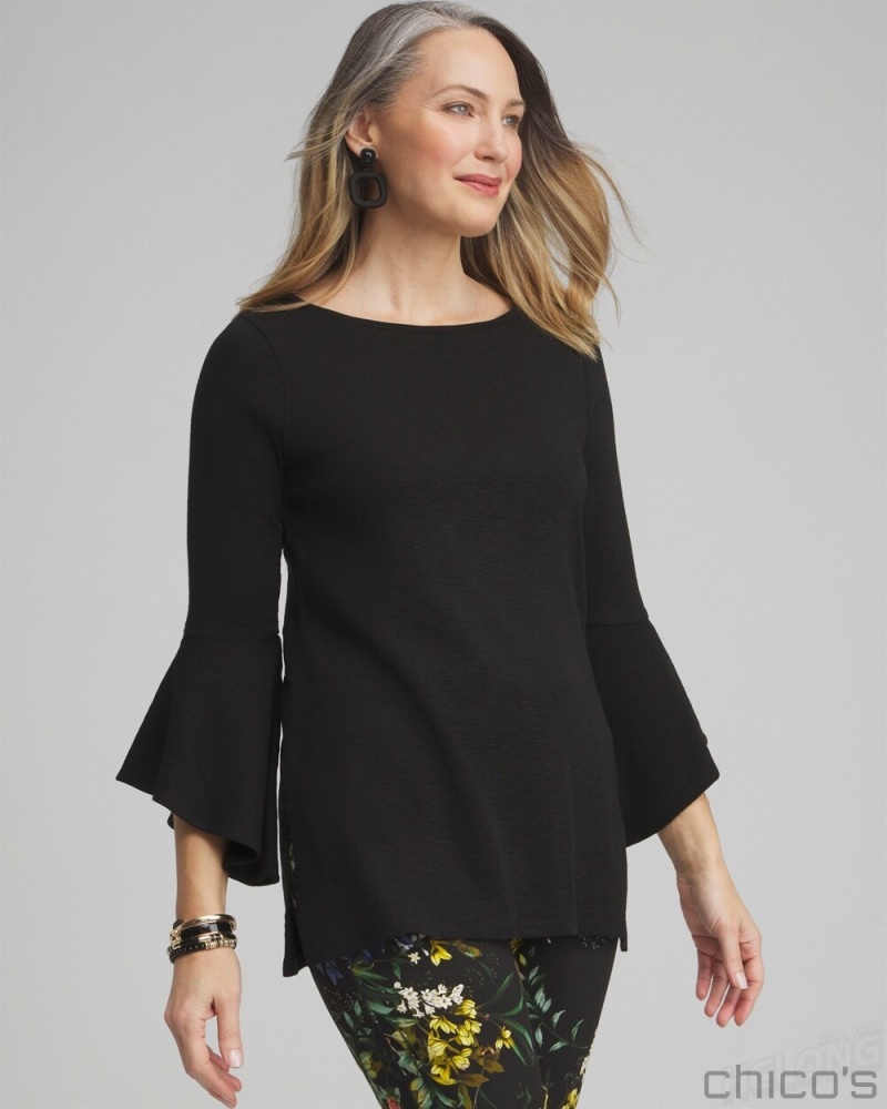 Chico\'s Flare Sleeve Tunic Tops Black | 743-MPZHJT