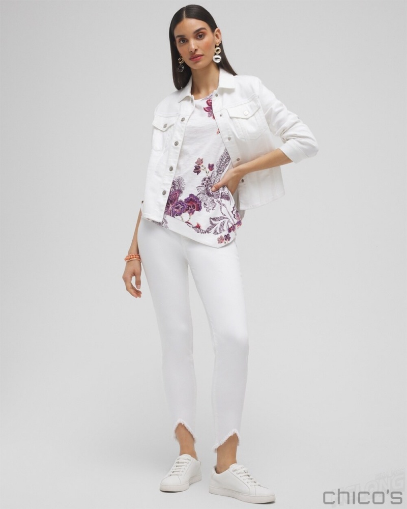 Chico's Floral Asymmetrical Elbow Sleeve Tee Tees & Tanks Alabaster | 615-YIGMFT