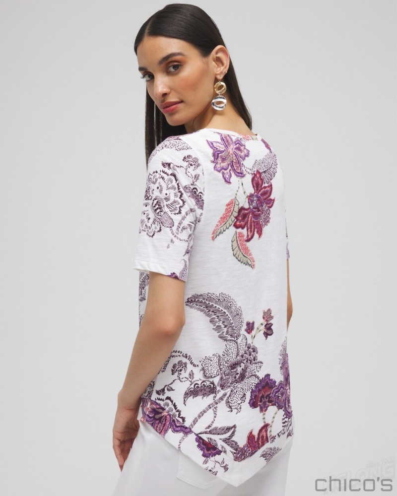 Chico's Floral Asymmetrical Elbow Sleeve Tee Tees & Tanks Alabaster | 615-YIGMFT