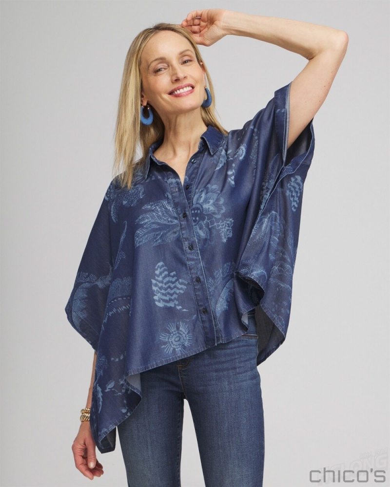 Chico's Floral Button Front Poncho Ponchos & Ruanas Indigo | 520-SNVTYC