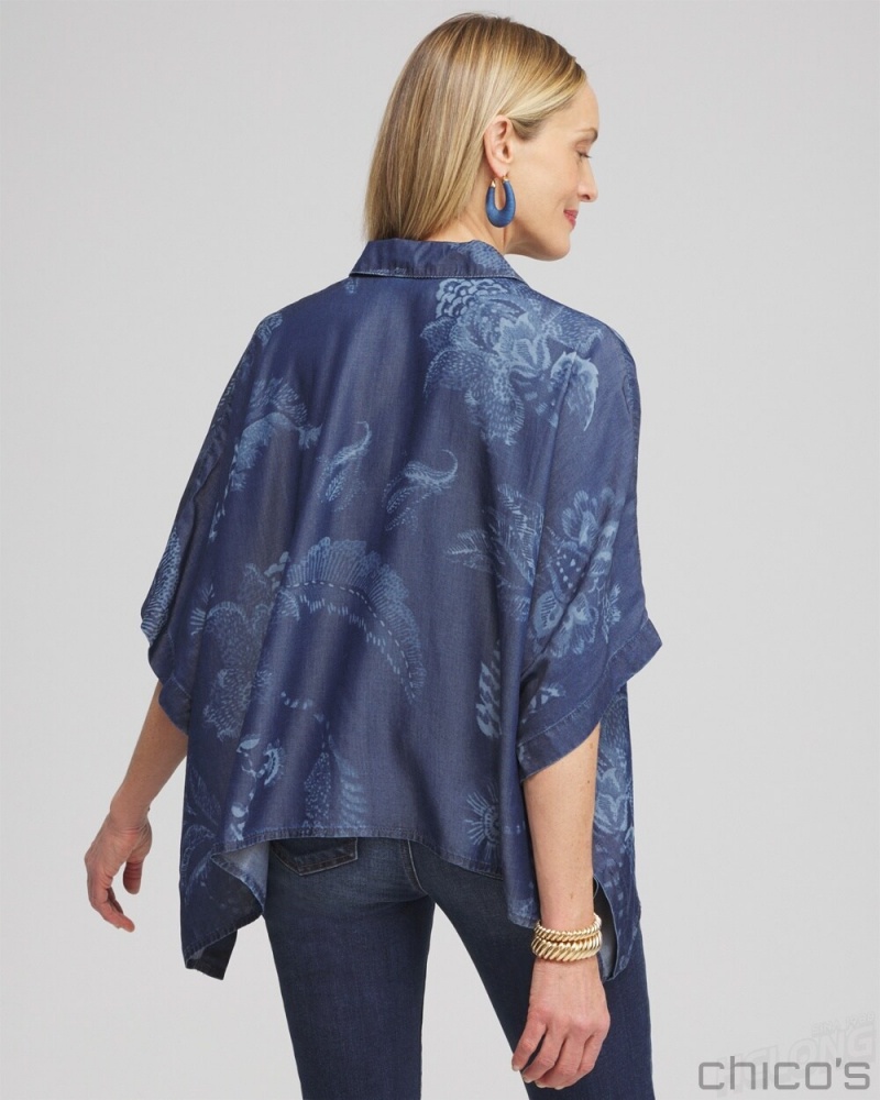 Chico's Floral Button Front Poncho Ponchos & Ruanas Indigo | 520-SNVTYC