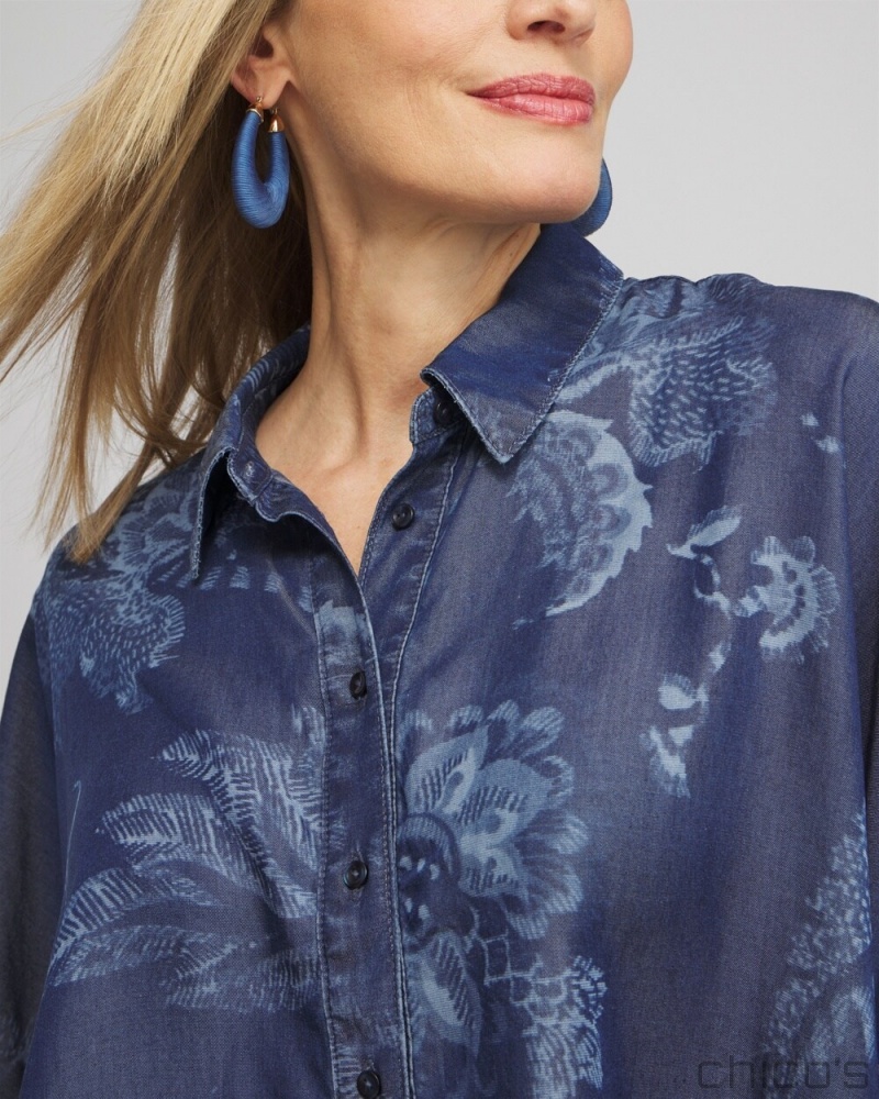 Chico's Floral Button Front Poncho Ponchos & Ruanas Indigo | 520-SNVTYC