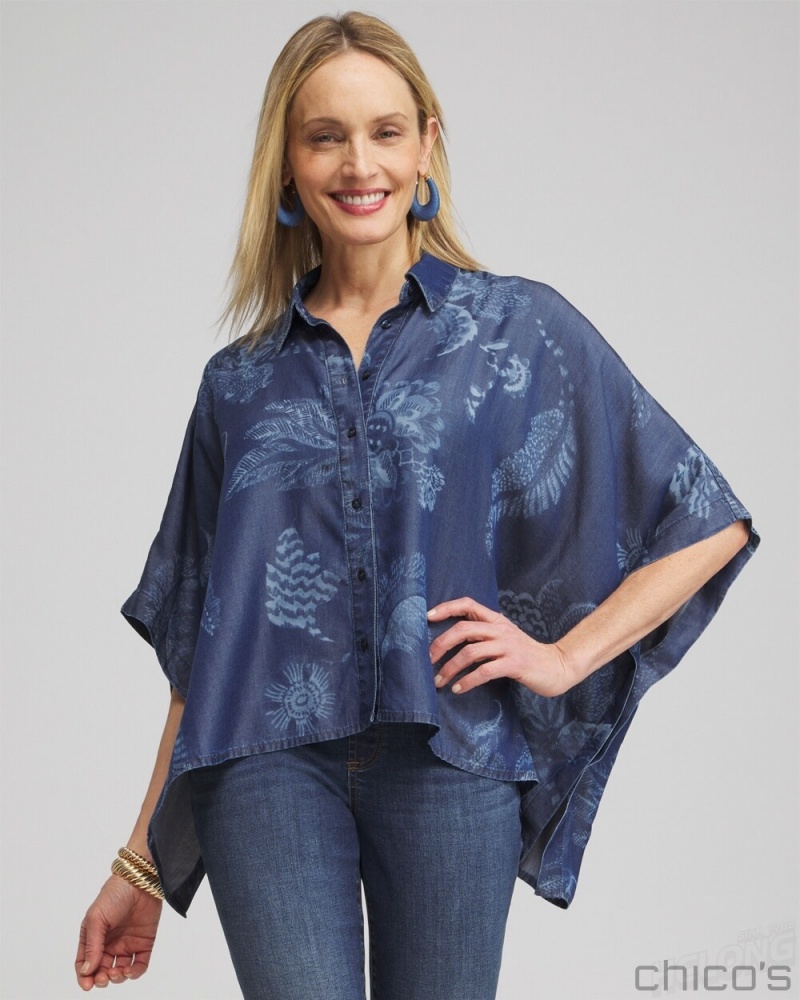 Chico\'s Floral Button Front Poncho Ponchos & Ruanas Indigo | 520-SNVTYC