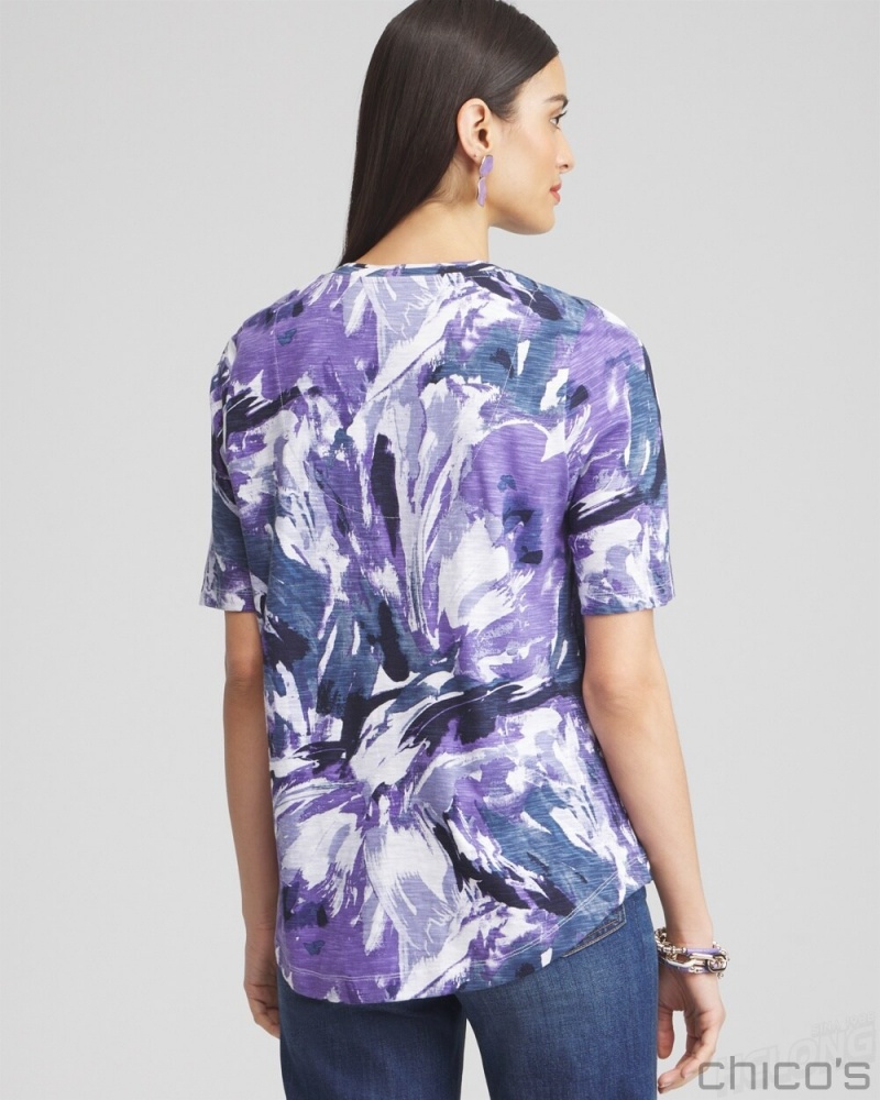 Chico's Floral Elbow Sleeve A-line Tee Tees & Tanks Parisian Purple | 152-PLOUQN