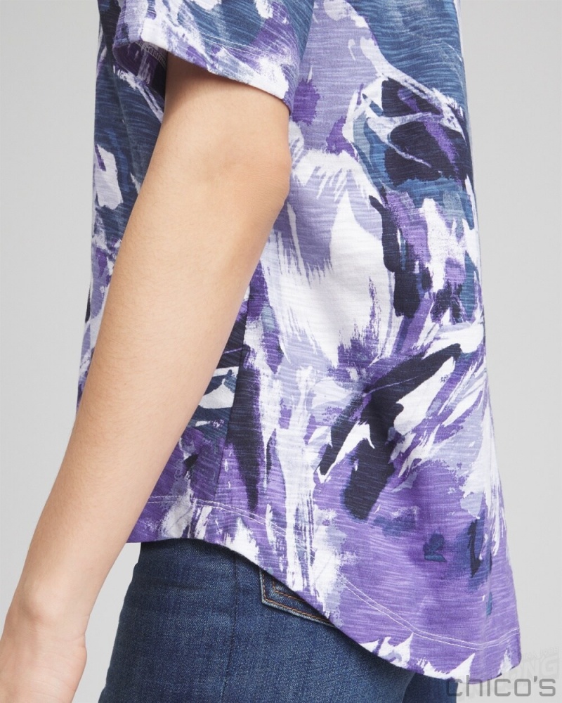 Chico's Floral Elbow Sleeve A-line Tee Tees & Tanks Parisian Purple | 152-PLOUQN