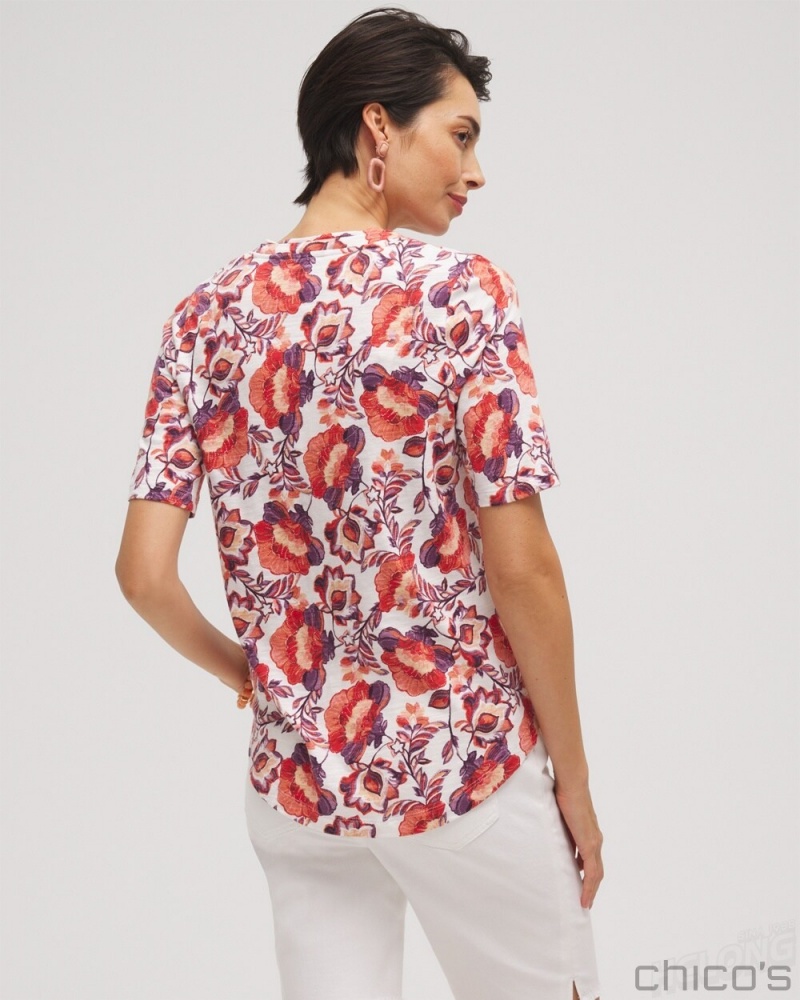 Chico's Floral Elbow Sleeve A-line Tee Tees & Tanks Alabaster | 461-FLEWNR