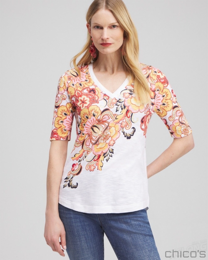 Chico's Floral Elbow Sleeve A-line Tee Tees & Tanks Alabaster | 854-XLMYPE