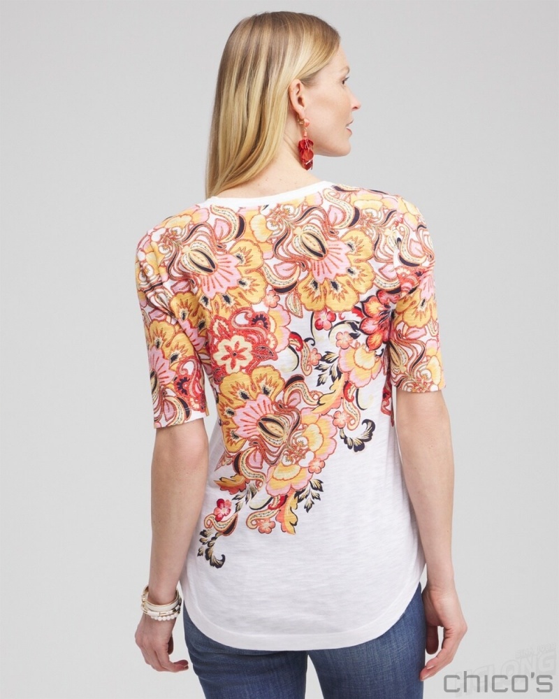 Chico's Floral Elbow Sleeve A-line Tee Tees & Tanks Alabaster | 854-XLMYPE