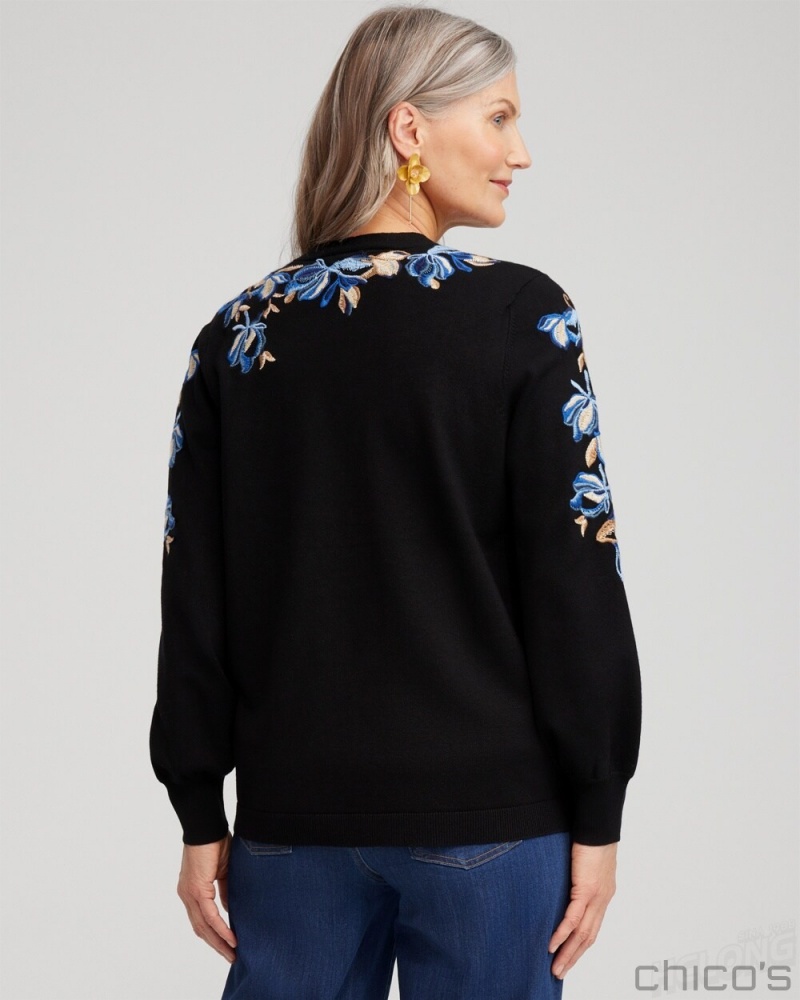 Chico's Floral Embroidered Cardigan Sweaters Black | 857-XCRLAF