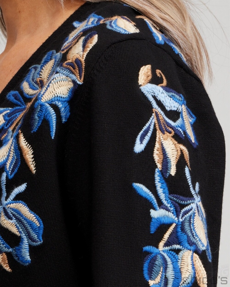 Chico's Floral Embroidered Cardigan Sweaters Black | 857-XCRLAF