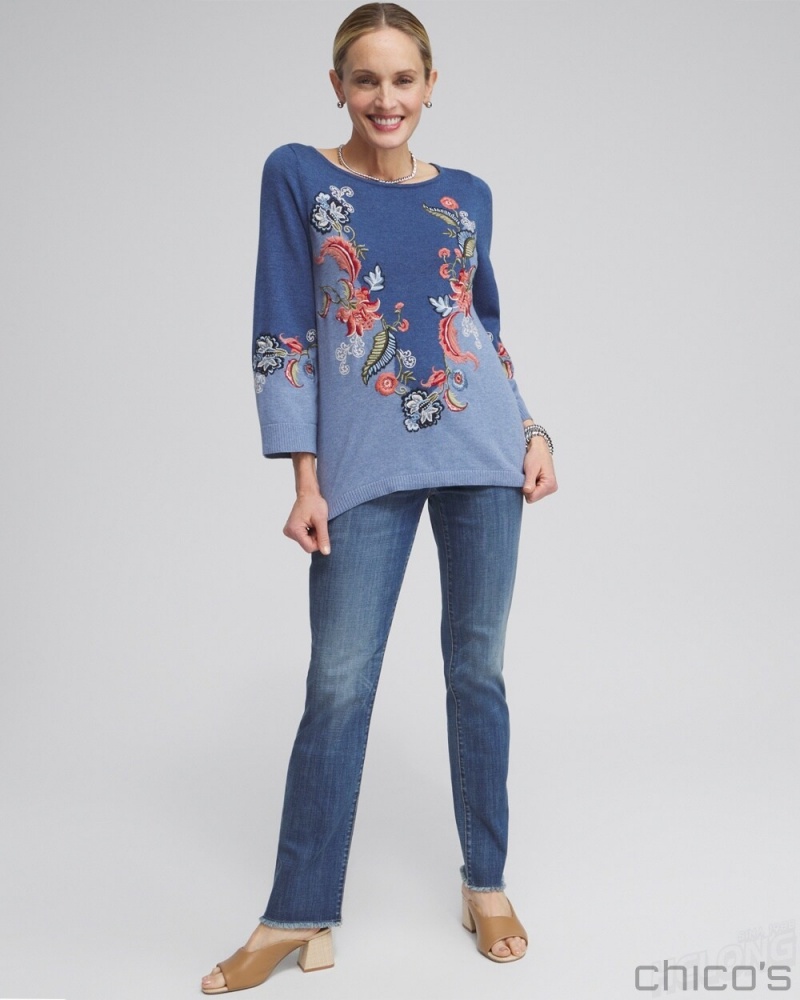 Chico's Floral Embroidered Kurta Sweater Sweaters Faded Indigo Heather Med | 941-PXQGHA