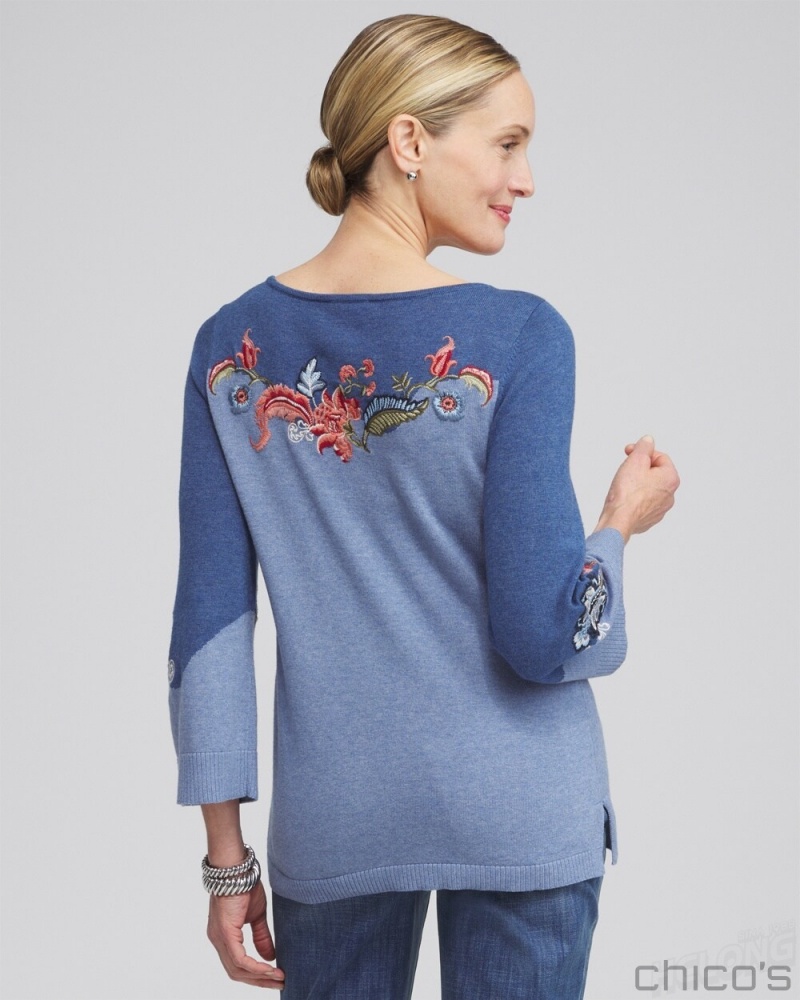 Chico's Floral Embroidered Kurta Sweater Sweaters Faded Indigo Heather Med | 941-PXQGHA