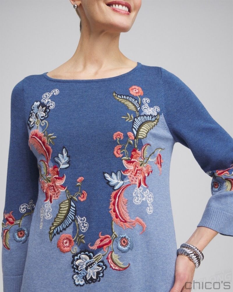 Chico's Floral Embroidered Kurta Sweater Sweaters Faded Indigo Heather Med | 941-PXQGHA