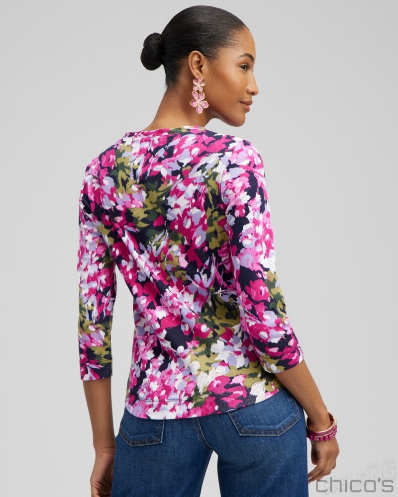 Chico's Floral Everyday 3/4 Sleeve Tee Tees & Tanks Magenta Rose | 026-OWHUPX