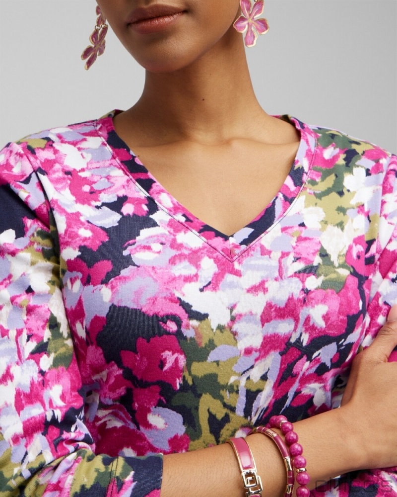 Chico's Floral Everyday 3/4 Sleeve Tee Tees & Tanks Magenta Rose | 026-OWHUPX