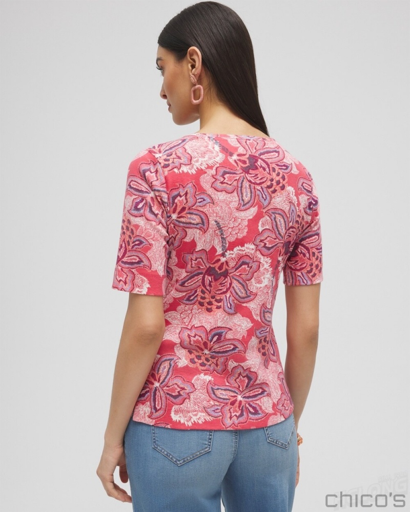 Chico's Floral Everyday Elbow Sleeve Tee Tees & Tanks Ginger Rose | 083-SAYBMZ